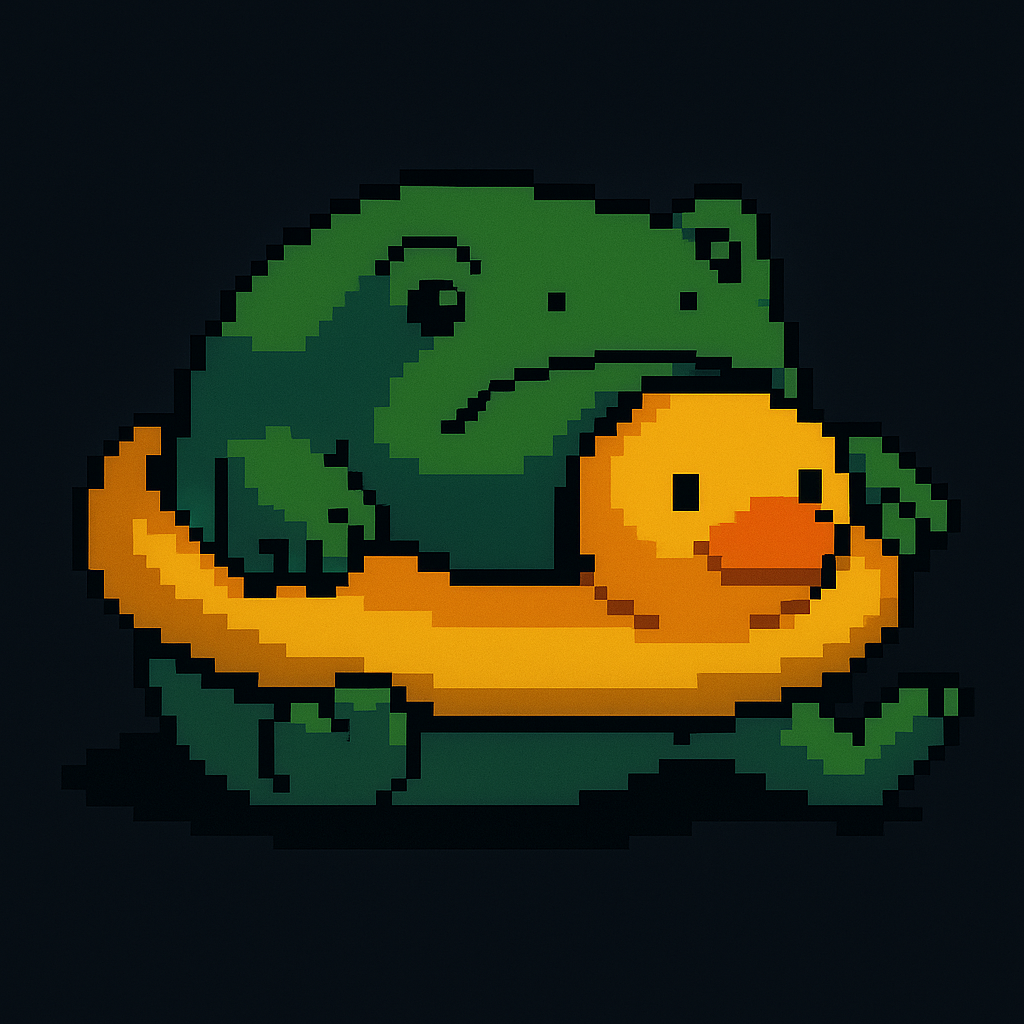 Profile picture showing a pixel art frog on a rubber duck (dark version)